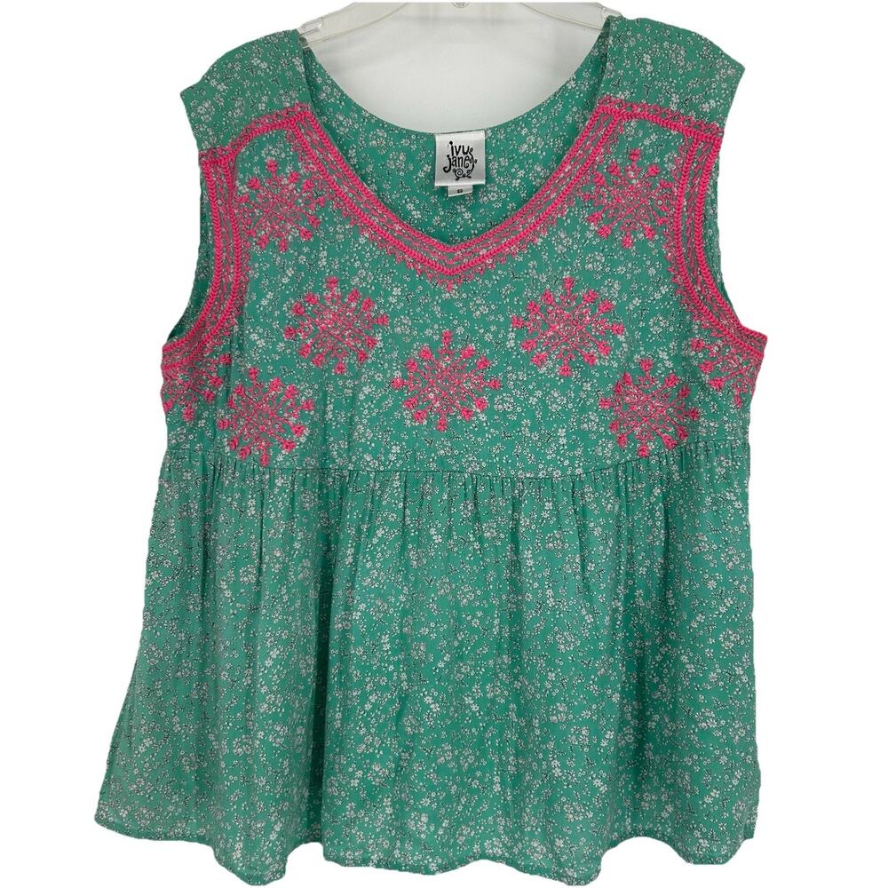 Ivy Jane Boho Ditsy Floral Babydoll Top Green Pink Embroidered Sleeveless Size S